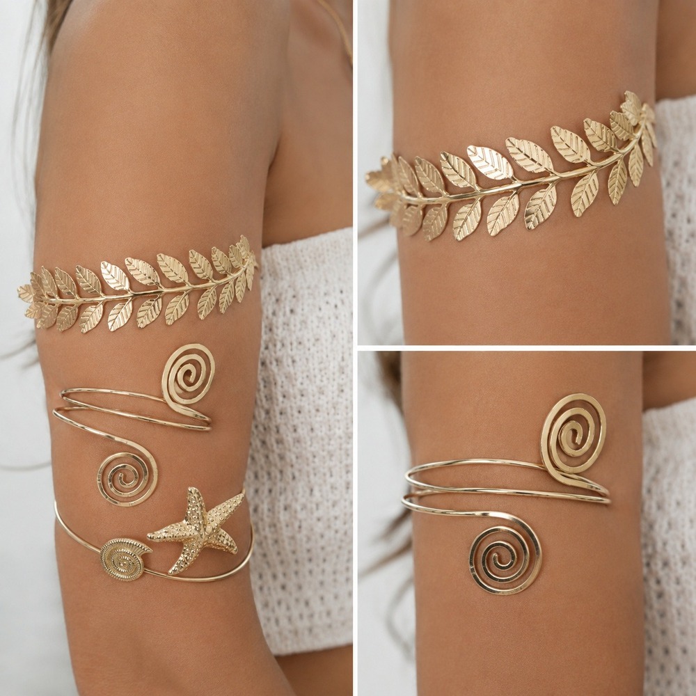 Gold Tone Upper Arm Cuff Bracelet 3pc Set Starfish Spiral Laurel Leaf Boho Coast